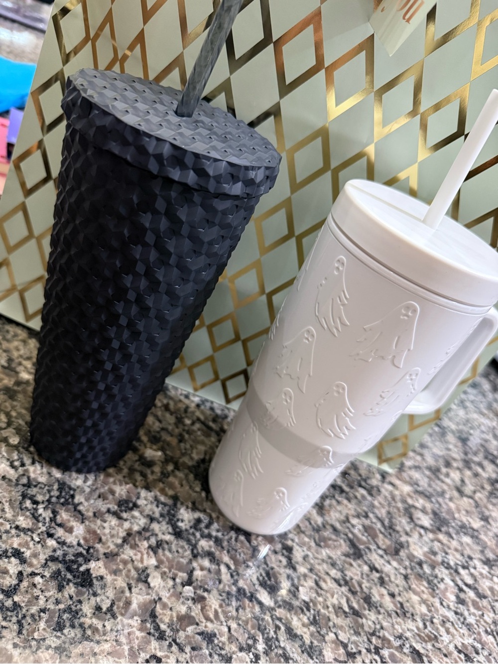 NWT Textured Black Tumbler & White Ghost Embossed Tumbler Set